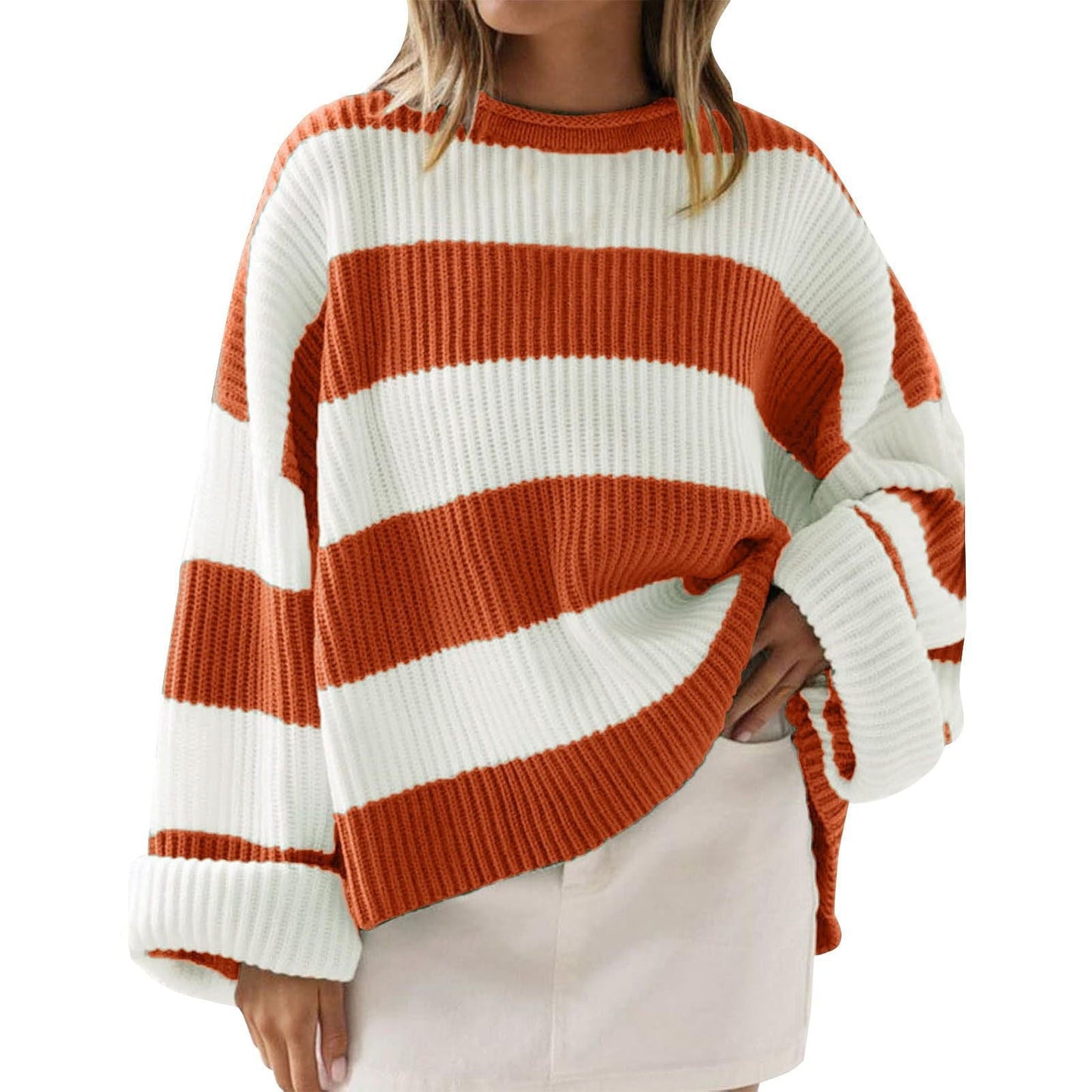 Loose Striped Sweater Fashion Casual Long Batwing Sleeve Round Neck Pullover Knit Tops Women Clothing - NOMAN STORE LLC