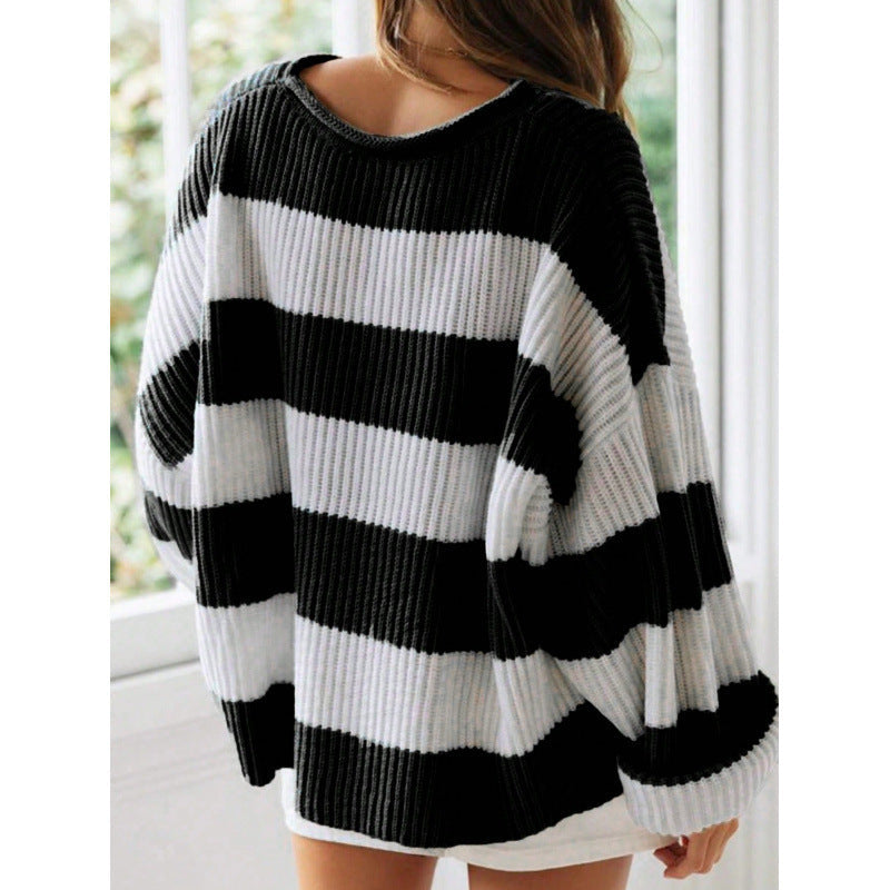 Loose Striped Sweater Fashion Casual Long Batwing Sleeve Round Neck Pullover Knit Tops Women Clothing - NOMAN STORE LLC