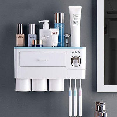 Non-marking Hanging Magnetic Toothbrush Holder Single Drawer Storage Rack With Toothpaste Squeezer Toiletry Set - NOMAN STORE LLC