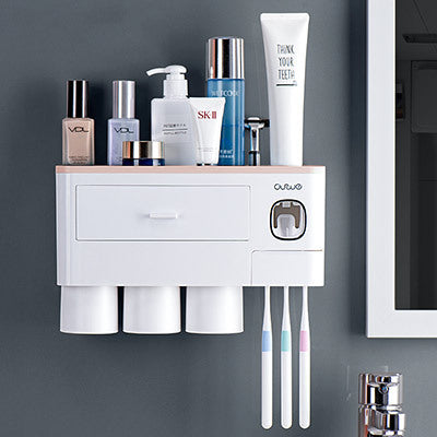 Non-marking Hanging Magnetic Toothbrush Holder Single Drawer Storage Rack With Toothpaste Squeezer Toiletry Set - NOMAN STORE LLC
