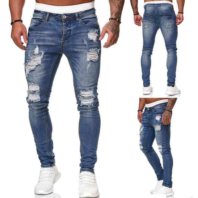 Fashion Street Style Ripped Skinny Jeans Men Vintage Wash Solid Denim Trouser Mens Casual Slim Fit Pencil Denim Pants - NOMAN STORE LLC