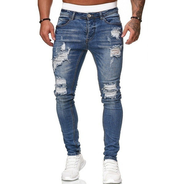 Fashion Street Style Ripped Skinny Jeans Men Vintage Wash Solid Denim Trouser Mens Casual Slim Fit Pencil Denim Pants - NOMAN STORE LLC