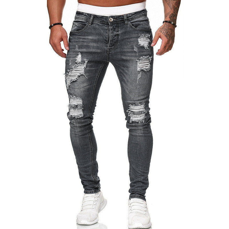 Fashion Street Style Ripped Skinny Jeans Men Vintage Wash Solid Denim Trouser Mens Casual Slim Fit Pencil Denim Pants - NOMAN STORE LLC