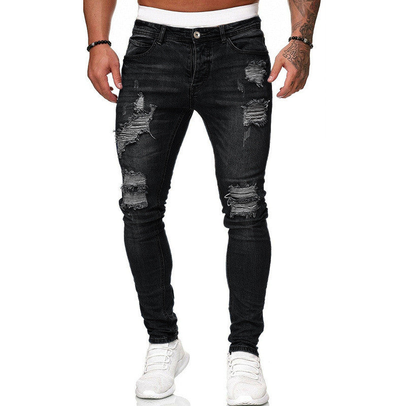 Fashion Street Style Ripped Skinny Jeans Men Vintage Wash Solid Denim Trouser Mens Casual Slim Fit Pencil Denim Pants - NOMAN STORE LLC