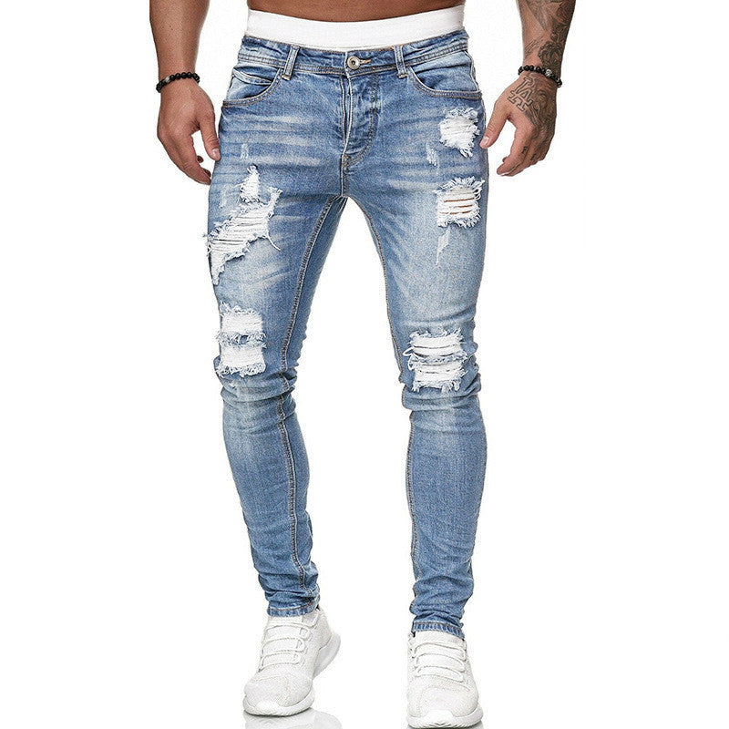Fashion Street Style Ripped Skinny Jeans Men Vintage Wash Solid Denim Trouser Mens Casual Slim Fit Pencil Denim Pants - NOMAN STORE LLC