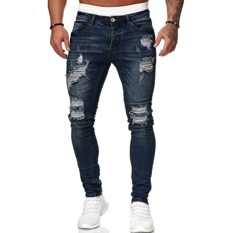 Fashion Street Style Ripped Skinny Jeans Men Vintage Wash Solid Denim Trouser Mens Casual Slim Fit Pencil Denim Pants - NOMAN STORE LLC