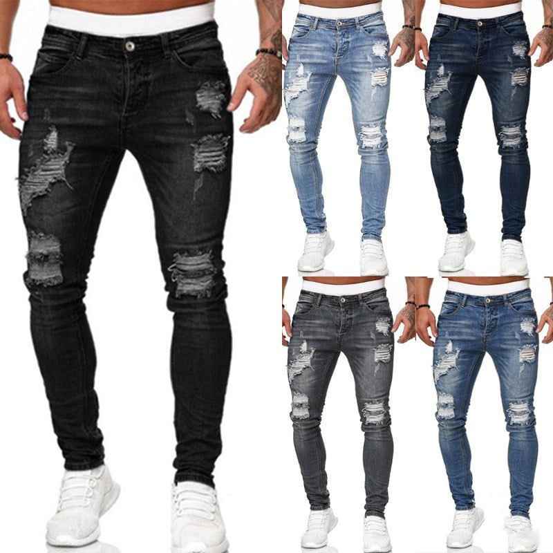 Fashion Street Style Ripped Skinny Jeans Men Vintage Wash Solid Denim Trouser Mens Casual Slim Fit Pencil Denim Pants - NOMAN STORE LLC