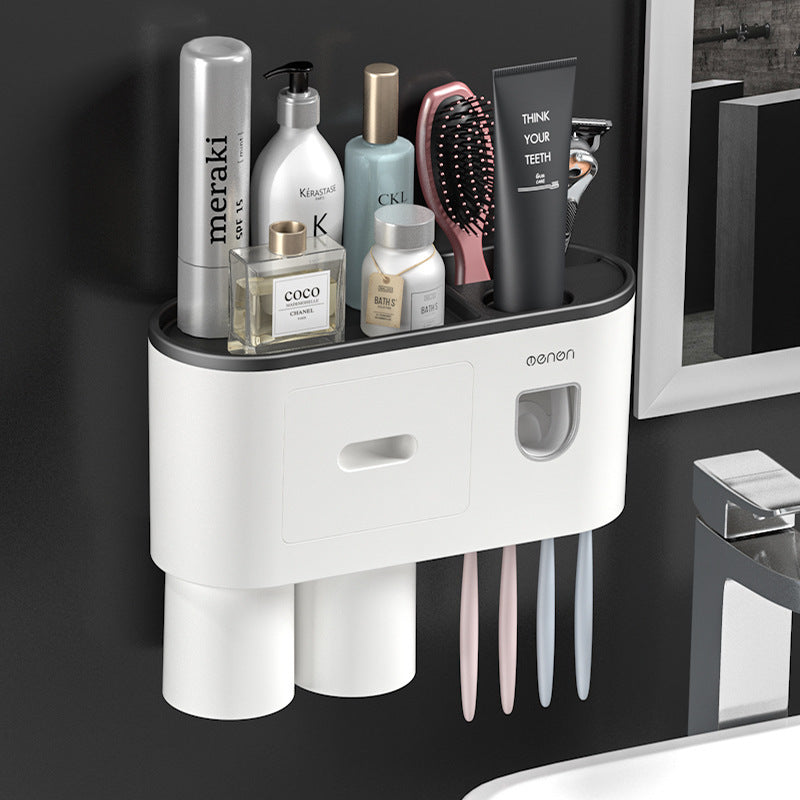 Non-marking Hanging Magnetic Toothbrush Holder Single Drawer Storage Rack With Toothpaste Squeezer Toiletry Set - NOMAN STORE LLC
