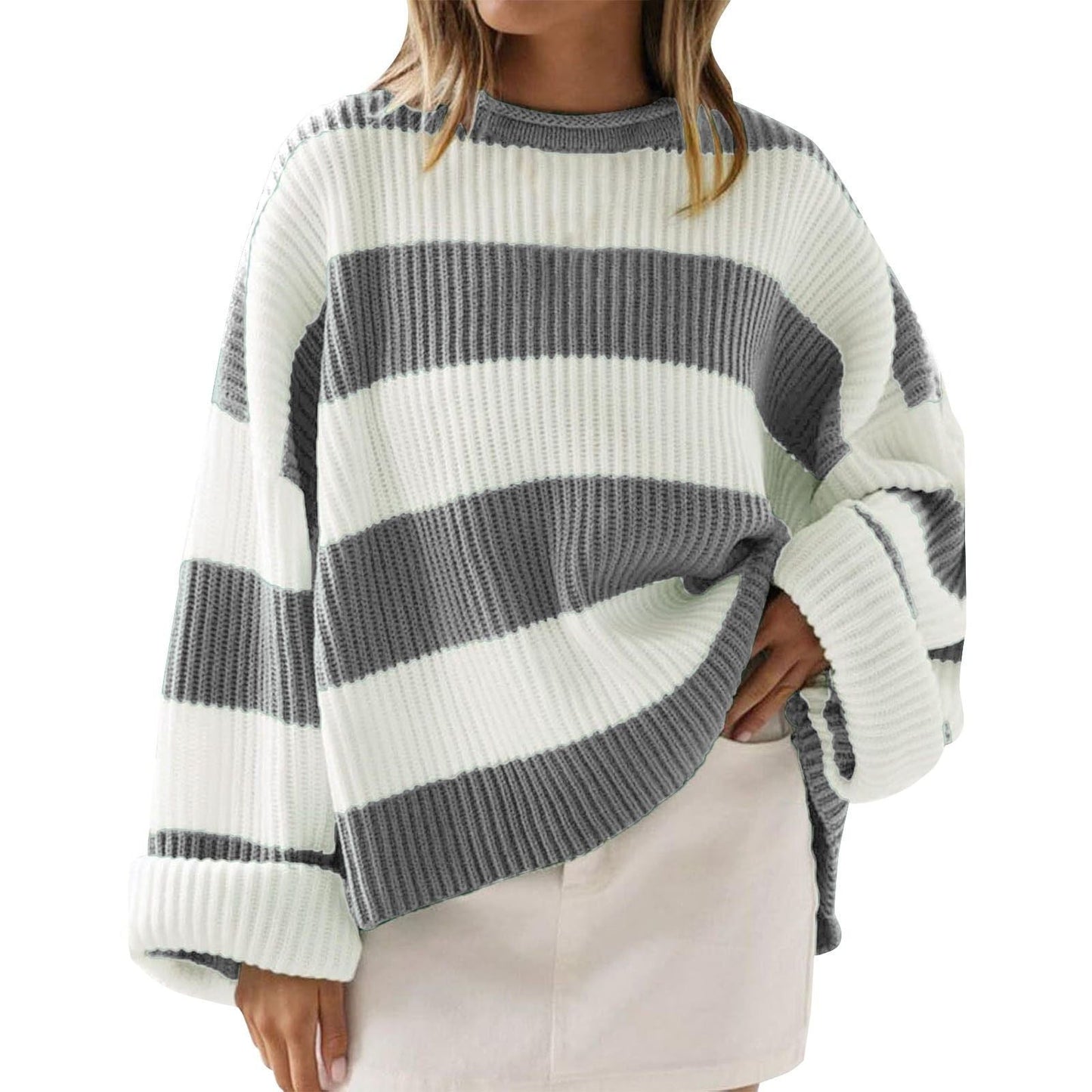 Loose Striped Sweater Fashion Casual Long Batwing Sleeve Round Neck Pullover Knit Tops Women Clothing - NOMAN STORE LLC