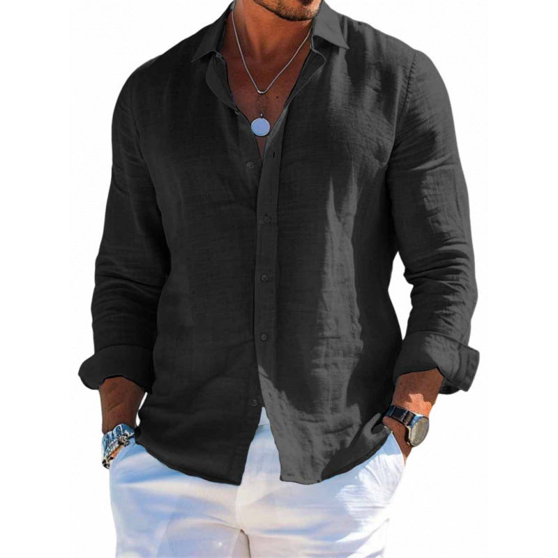Men's Long Sleeve Shirt Casual Loose Lapel Button Top Solid Color Plus Size Blouse Clothing - NOMAN STORE LLC
