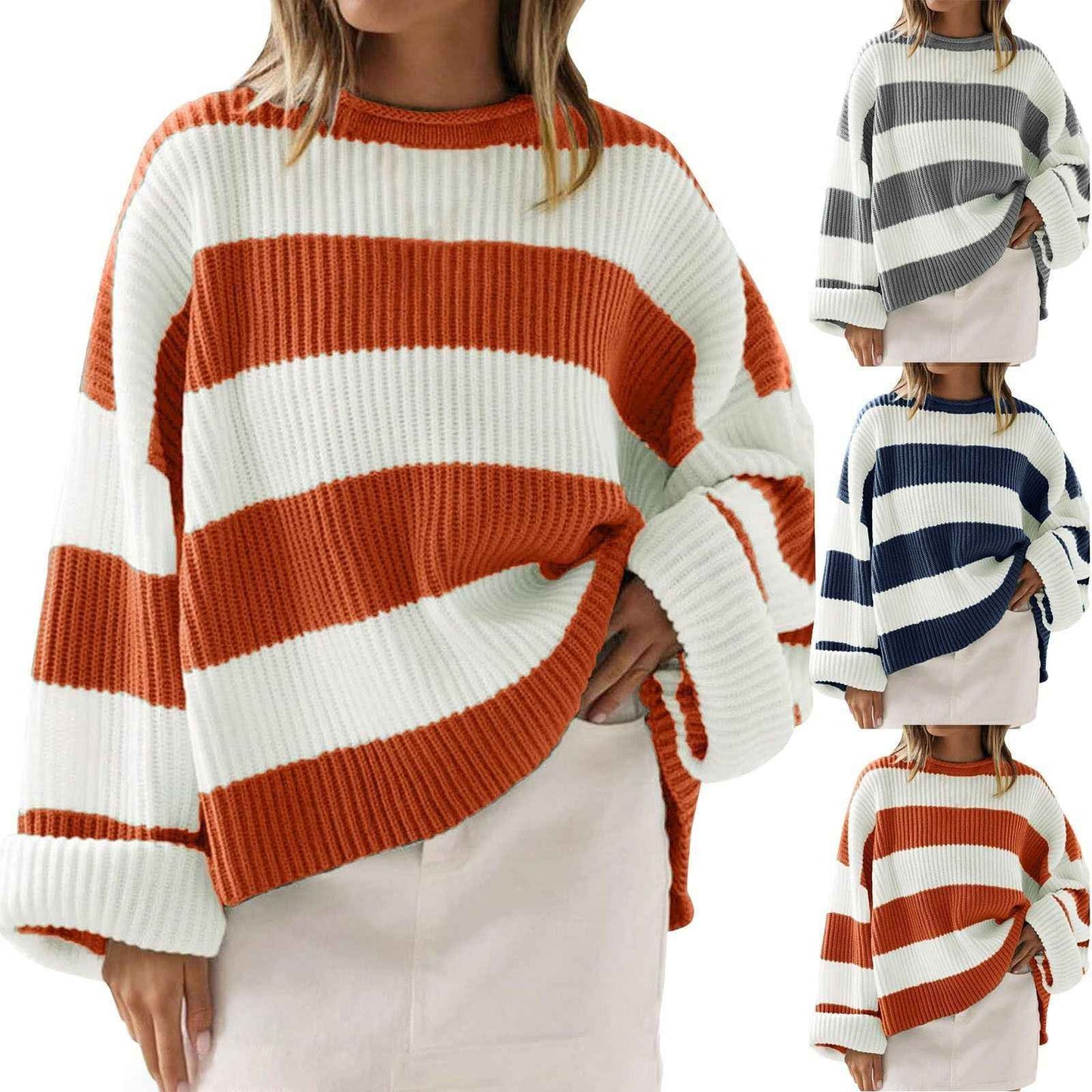 Loose Striped Sweater Fashion Casual Long Batwing Sleeve Round Neck Pullover Knit Tops Women Clothing - NOMAN STORE LLC