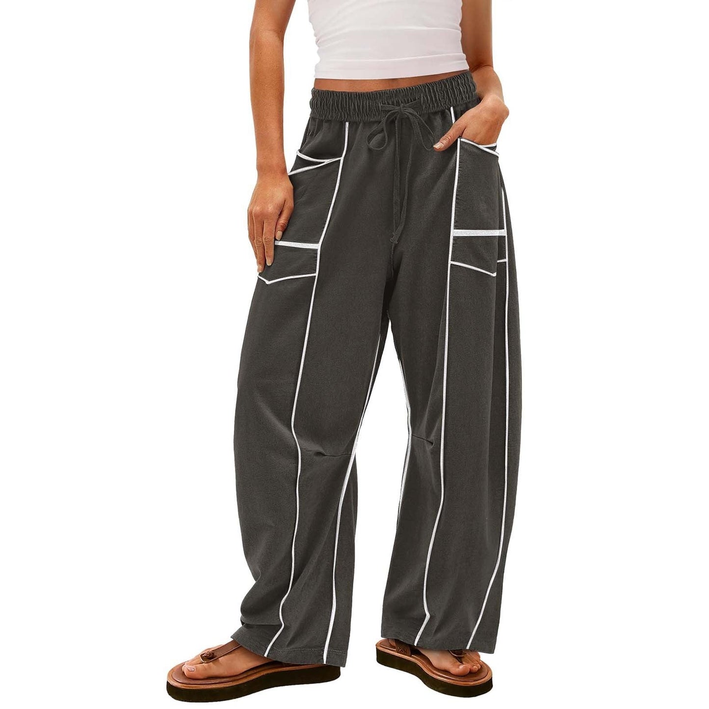 Y2K Black Striped Wide-leg Pants With Pockets Fashion Loose Drawstring Trousers Sports Sweatpants Women's Clothing - NOMAN STORE LLC