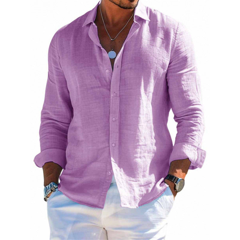 Men's Long Sleeve Shirt Casual Loose Lapel Button Top Solid Color Plus Size Blouse Clothing - NOMAN STORE LLC