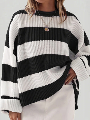 Loose Striped Sweater Fashion Casual Long Batwing Sleeve Round Neck Pullover Knit Tops Women Clothing - NOMAN STORE LLC