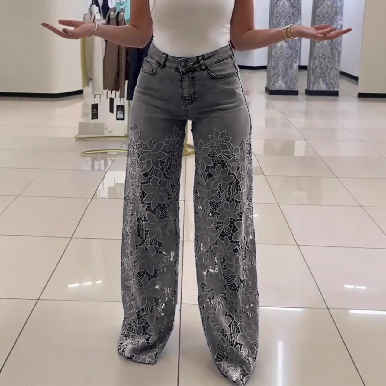 Lace Flowers Hollow Jeans Fashion High Waist Straight Wide Leg Pants Solid Color Trousers Women's Clothing - NOMAN STORE LLC