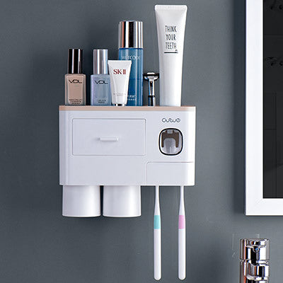Non-marking Hanging Magnetic Toothbrush Holder Single Drawer Storage Rack With Toothpaste Squeezer Toiletry Set - NOMAN STORE LLC