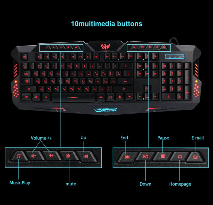 J10 tricolor backlight wired gaming keyboard set colorful luminous gaming mouse keyboard Russian keyboard - NOMAN STORE LLC