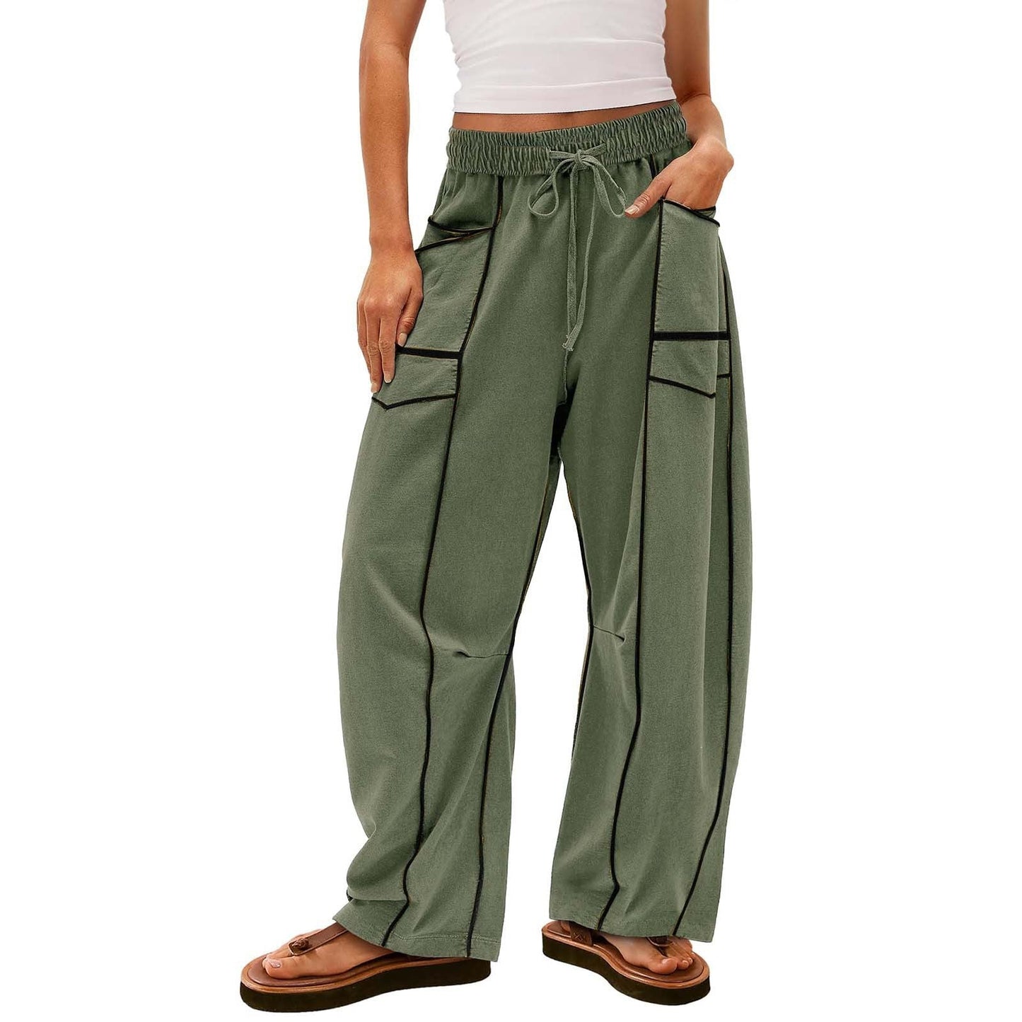Y2K Black Striped Wide-leg Pants With Pockets Fashion Loose Drawstring Trousers Sports Sweatpants Women's Clothing - NOMAN STORE LLC