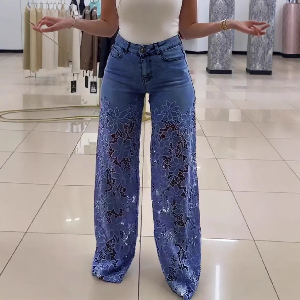 Lace Flowers Hollow Jeans Fashion High Waist Straight Wide Leg Pants Solid Color Trousers Women's Clothing - NOMAN STORE LLC