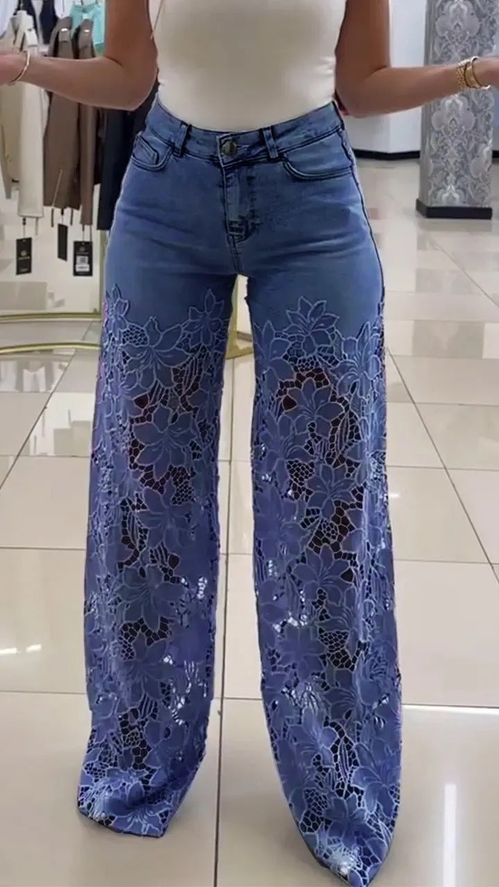 Lace Flowers Hollow Jeans Fashion High Waist Straight Wide Leg Pants Solid Color Trousers Women's Clothing - NOMAN STORE LLC