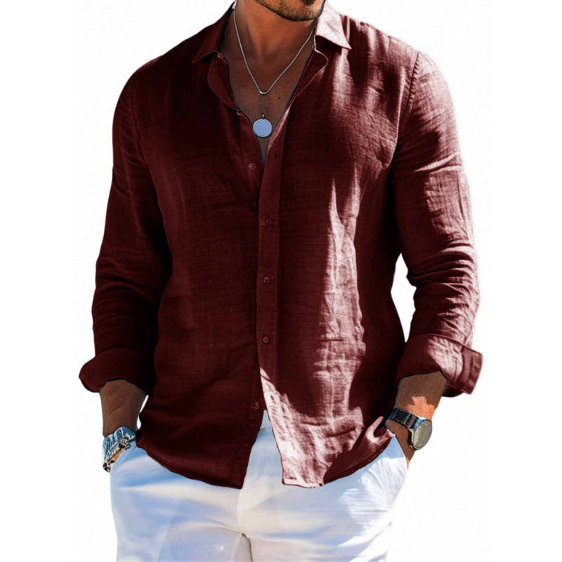 Men's Long Sleeve Shirt Casual Loose Lapel Button Top Solid Color Plus Size Blouse Clothing - NOMAN STORE LLC
