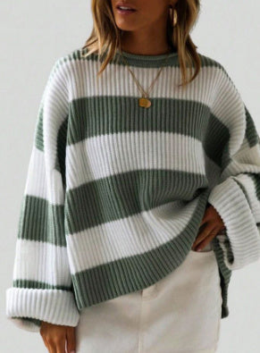 Loose Striped Sweater Fashion Casual Long Batwing Sleeve Round Neck Pullover Knit Tops Women Clothing - NOMAN STORE LLC