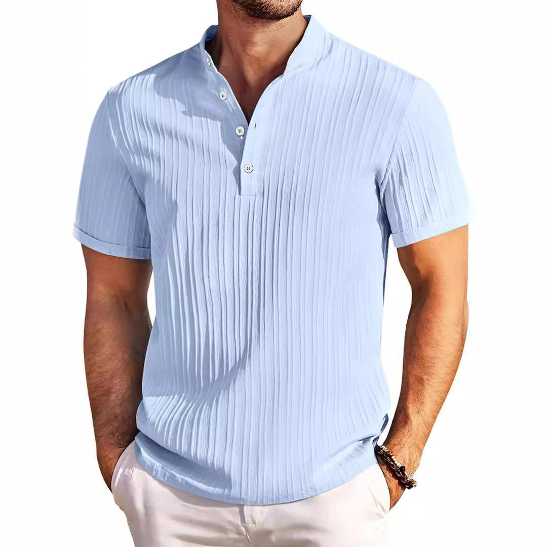 Summer Stand Collar Buttons Short Sleeve T-shirt Solid Color Stripe POLO Shirt Fashion Casual Beach Clothing For Men - NOMAN STORE LLC