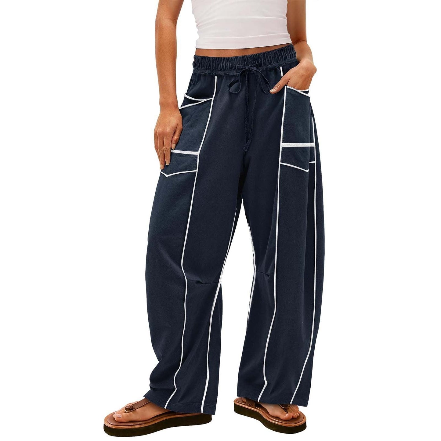 Y2K Black Striped Wide-leg Pants With Pockets Fashion Loose Drawstring Trousers Sports Sweatpants Women's Clothing - NOMAN STORE LLC