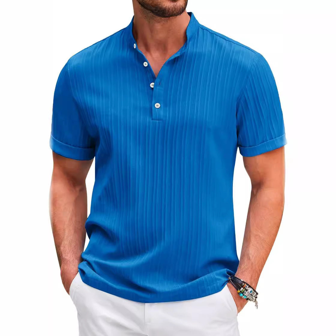 Summer Stand Collar Buttons Short Sleeve T-shirt Solid Color Stripe POLO Shirt Fashion Casual Beach Clothing For Men - NOMAN STORE LLC