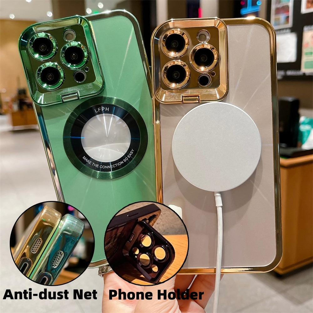 Electroplated Phone Case Luxury Plating CD Pattern Magsafe Bracket Case For 12 13 14 Pro Max Invisible Camera Stand Holder Lens Holder Magnetic Suction - NOMAN STORE LLC