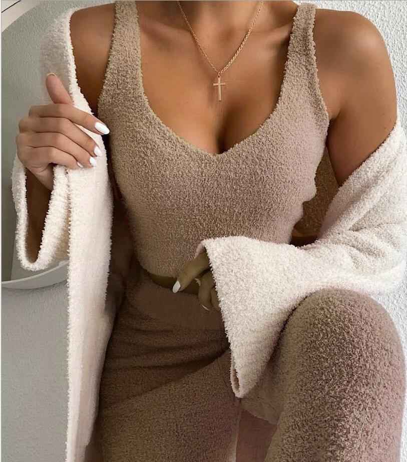 3pcs Womens Clothing Long Sleeve Crop Tank Top And Drawstring Shorts Pajama Set - NOMAN STORE LLC