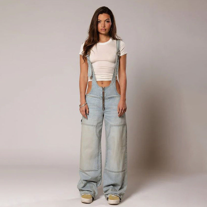 Y2K Zipper Denim Overalls With Pockets Fashion Loose Suspender Jumpsuit Streetwear Jeans Pants Womens Clothing - NOMAN STORE LLC