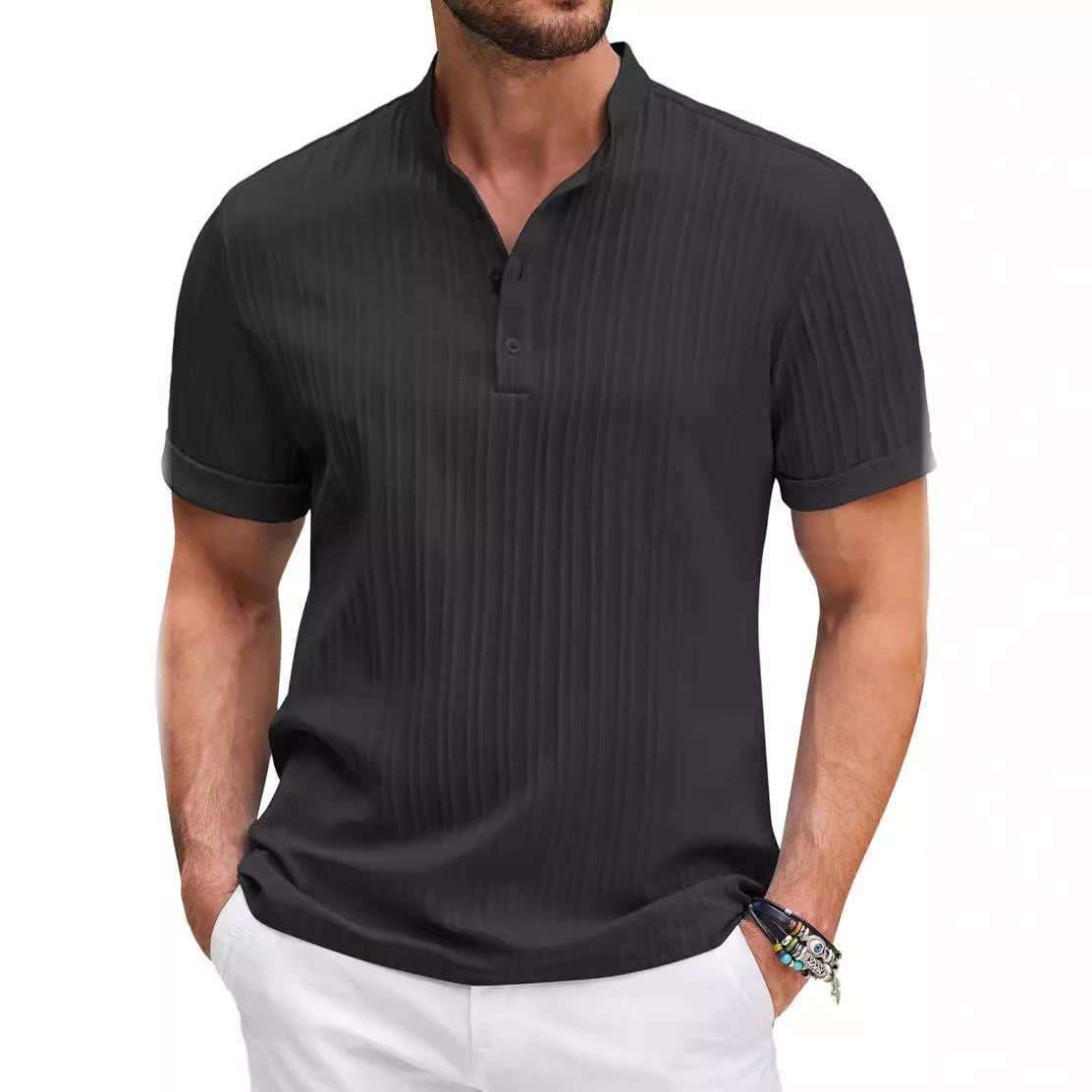 Summer Stand Collar Buttons Short Sleeve T-shirt Solid Color Stripe POLO Shirt Fashion Casual Beach Clothing For Men - NOMAN STORE LLC