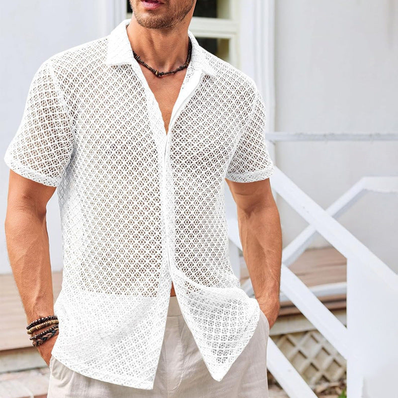 Summer Mesh Short Sleeve Shirt Fashion Solid Color Lapel Shirt Tops Beach Men Clothing - NOMAN STORE LLC