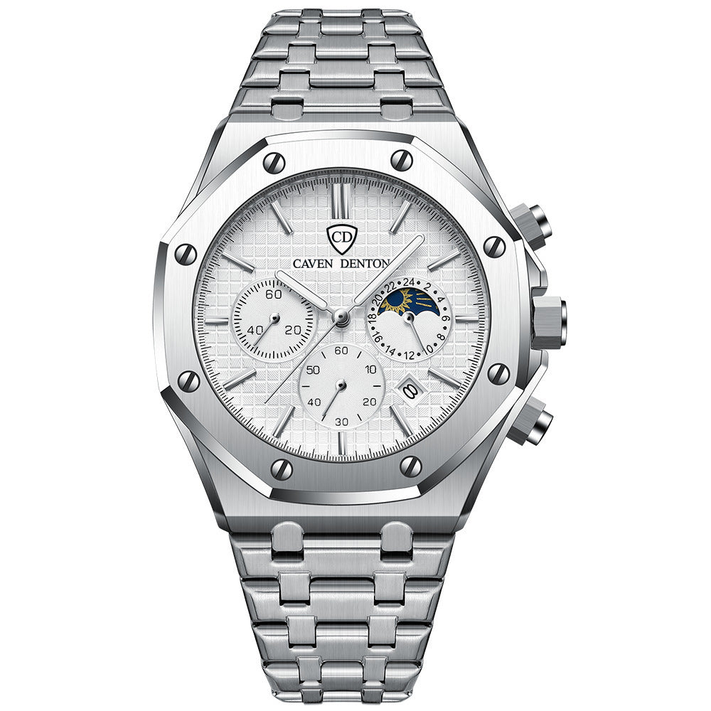 Waterproof High-grade Three Eyes And Six Needles Multi-functional Moon Phase Men's Steel Strap Watch - NOMAN STORE LLC