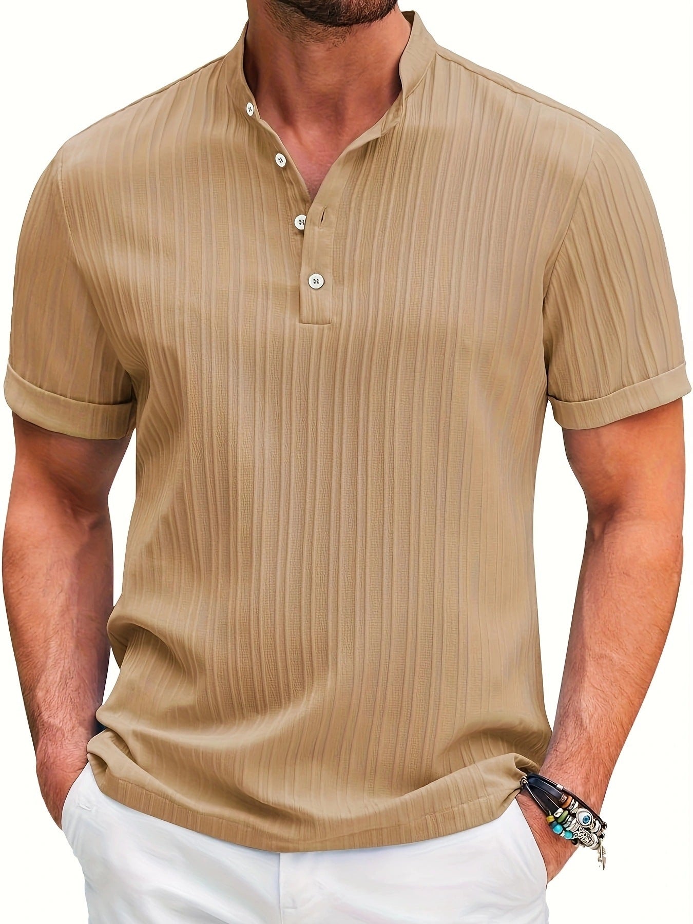 Summer Stand Collar Buttons Short Sleeve T-shirt Solid Color Stripe POLO Shirt Fashion Casual Beach Clothing For Men - NOMAN STORE LLC