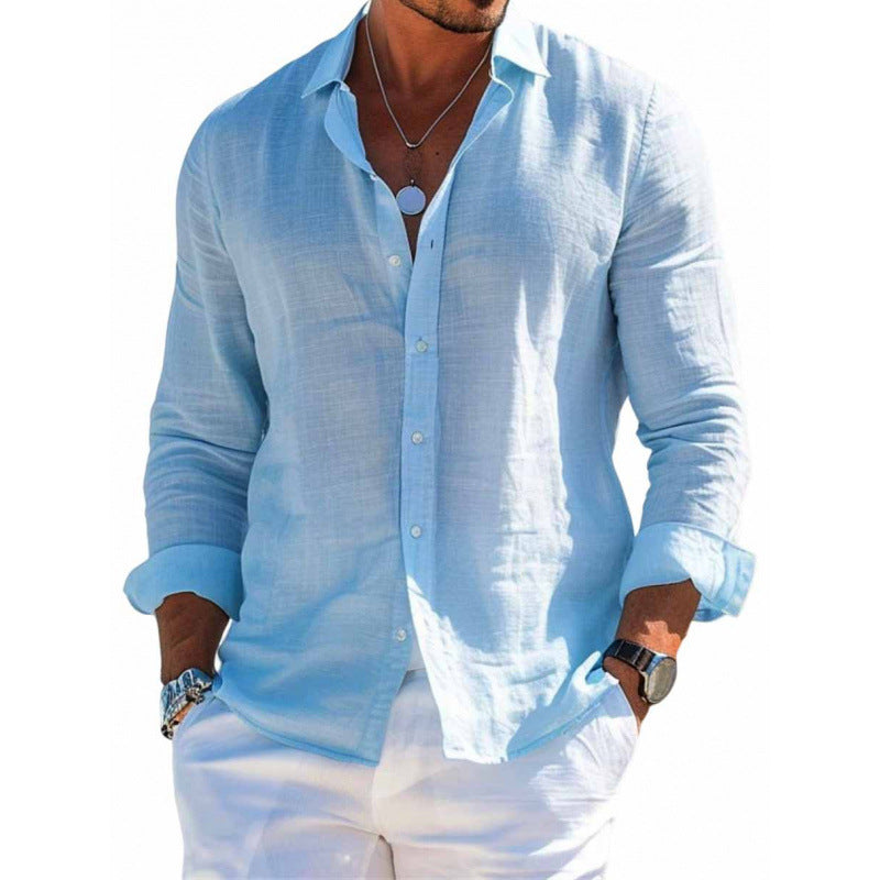 Men's Long Sleeve Shirt Casual Loose Lapel Button Top Solid Color Plus Size Blouse Clothing - NOMAN STORE LLC
