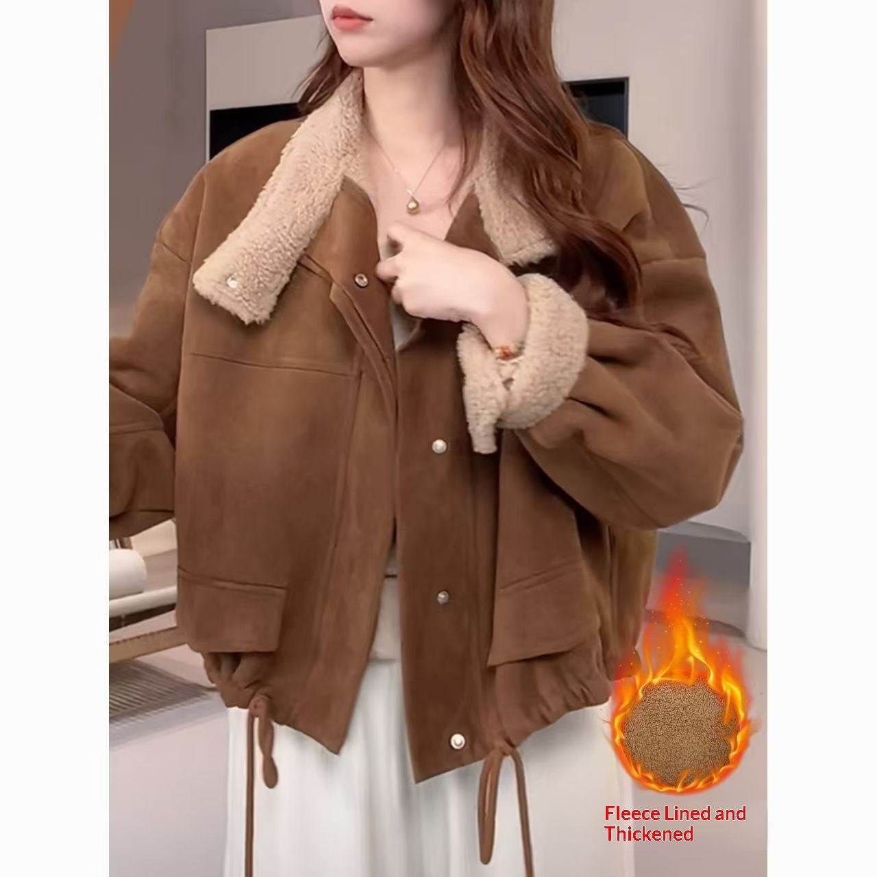 Womens Lambswool Coat Short Padded Suede Like Brown Cotton Padded Jacket
