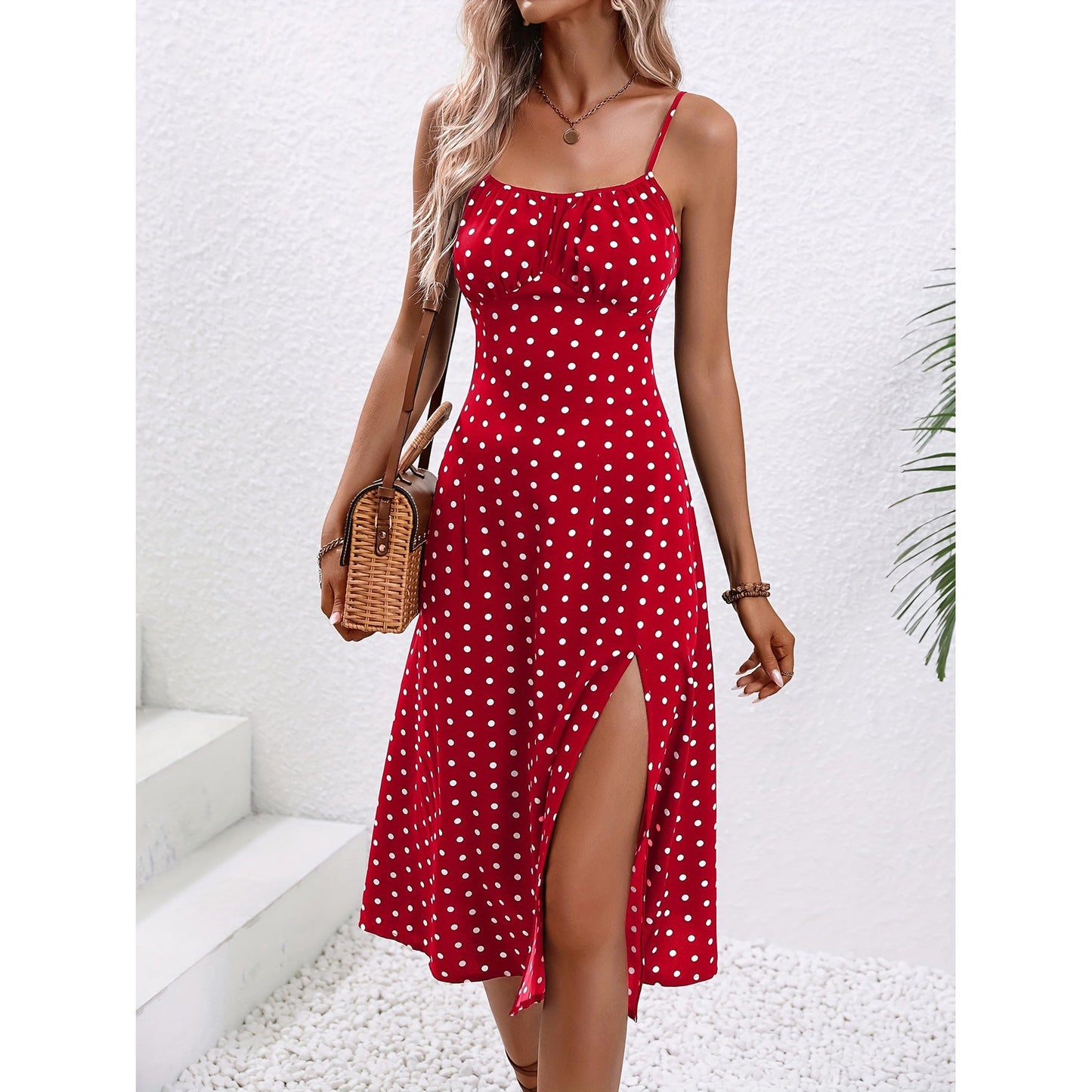 New Polka Dot Print Suspender Dress Summer Sexy Split Long Dresses For Womens Clothing - NOMAN STORE LLC