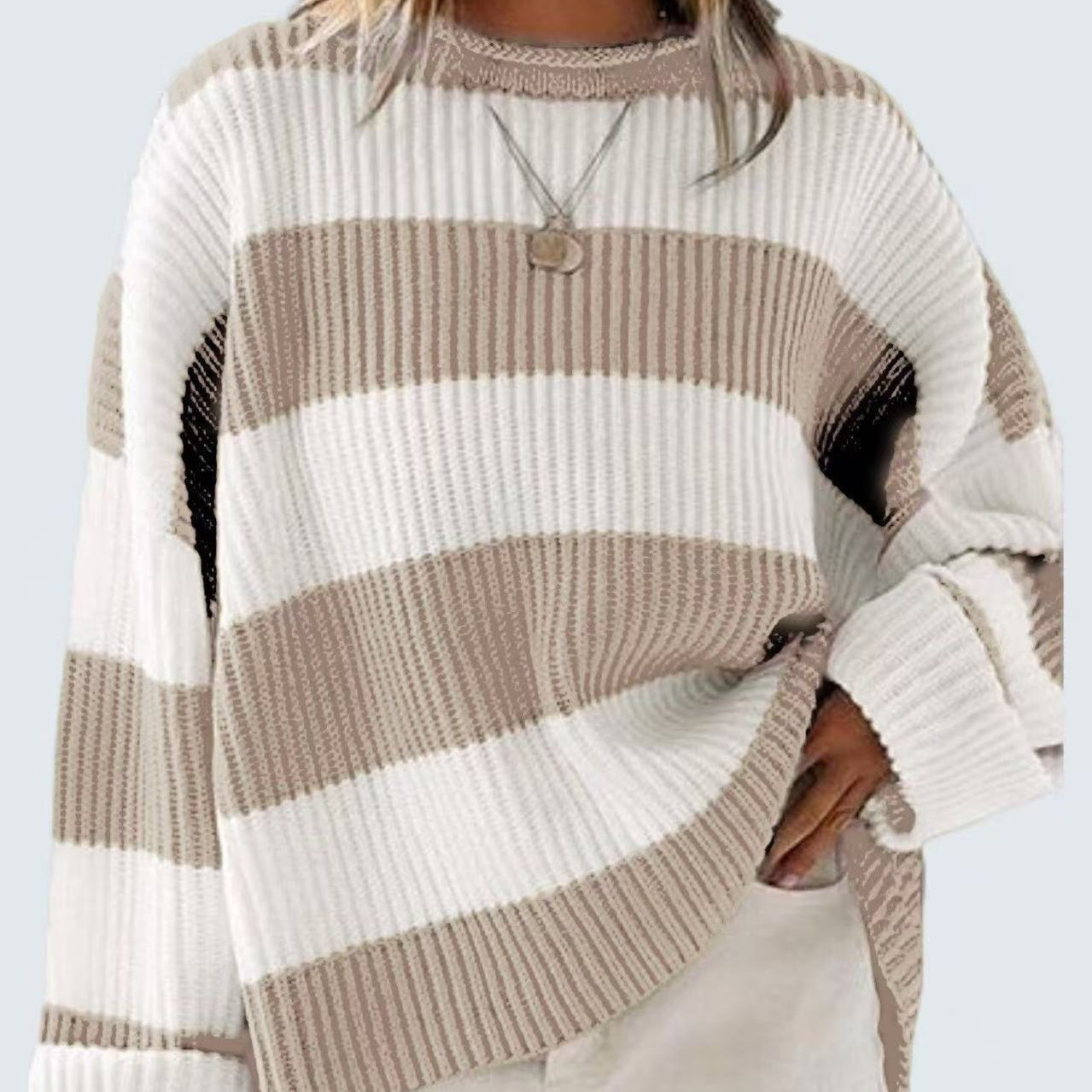 Loose Striped Sweater Fashion Casual Long Batwing Sleeve Round Neck Pullover Knit Tops Women Clothing - NOMAN STORE LLC