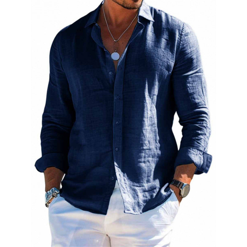 Men's Long Sleeve Shirt Casual Loose Lapel Button Top Solid Color Plus Size Blouse Clothing - NOMAN STORE LLC