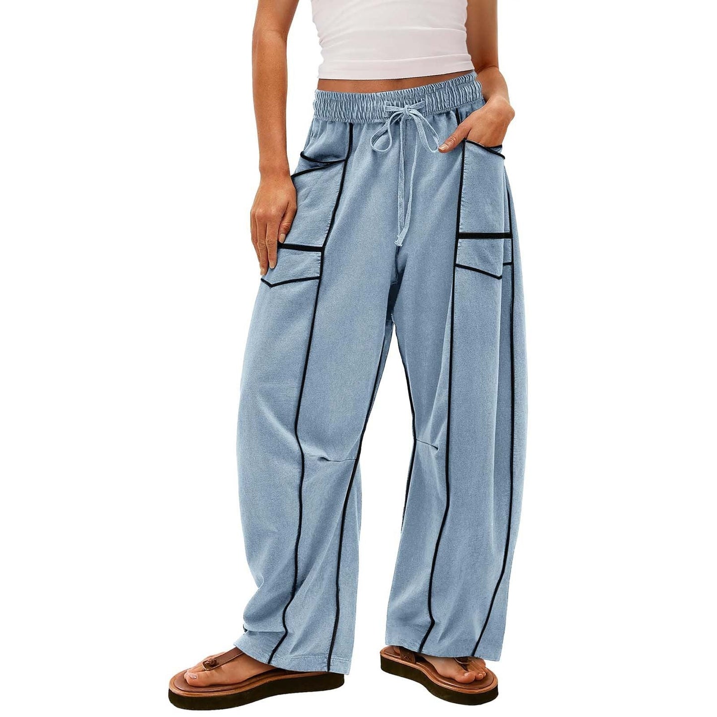 Y2K Black Striped Wide-leg Pants With Pockets Fashion Loose Drawstring Trousers Sports Sweatpants Women's Clothing - NOMAN STORE LLC