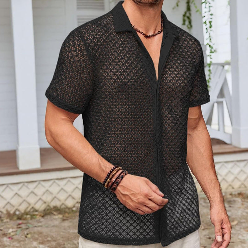 Summer Mesh Short Sleeve Shirt Fashion Solid Color Lapel Shirt Tops Beach Men Clothing - NOMAN STORE LLC