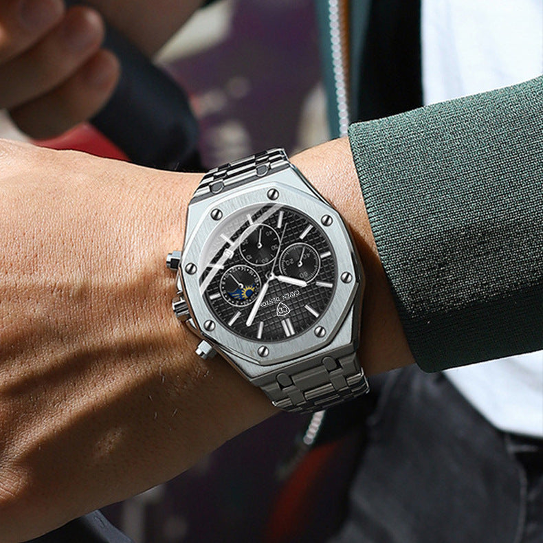 Waterproof High-grade Three Eyes And Six Needles Multi-functional Moon Phase Men's Steel Strap Watch - NOMAN STORE LLC