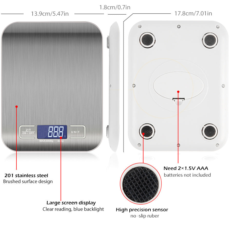 Digital Kitchen Food Scale – 5KG/11lb Stainless Steel Electronic Weighing Machine with LCD Display - NOMAN STORE LLC