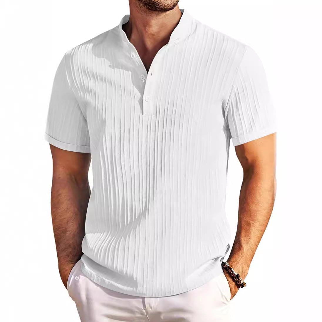 Summer Stand Collar Buttons Short Sleeve T-shirt Solid Color Stripe POLO Shirt Fashion Casual Beach Clothing For Men - NOMAN STORE LLC