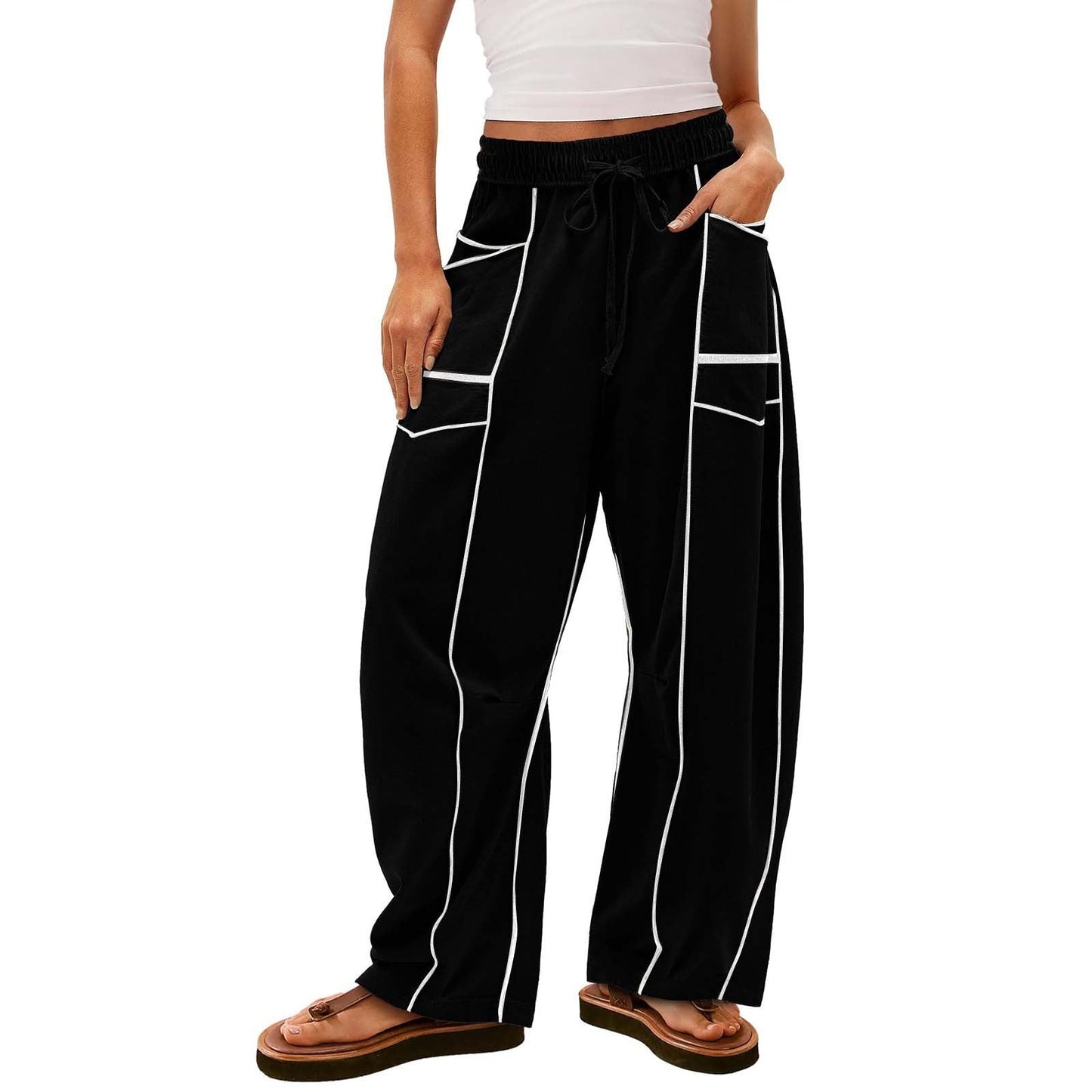 Y2K Black Striped Wide-leg Pants With Pockets Fashion Loose Drawstring Trousers Sports Sweatpants Women's Clothing - NOMAN STORE LLC