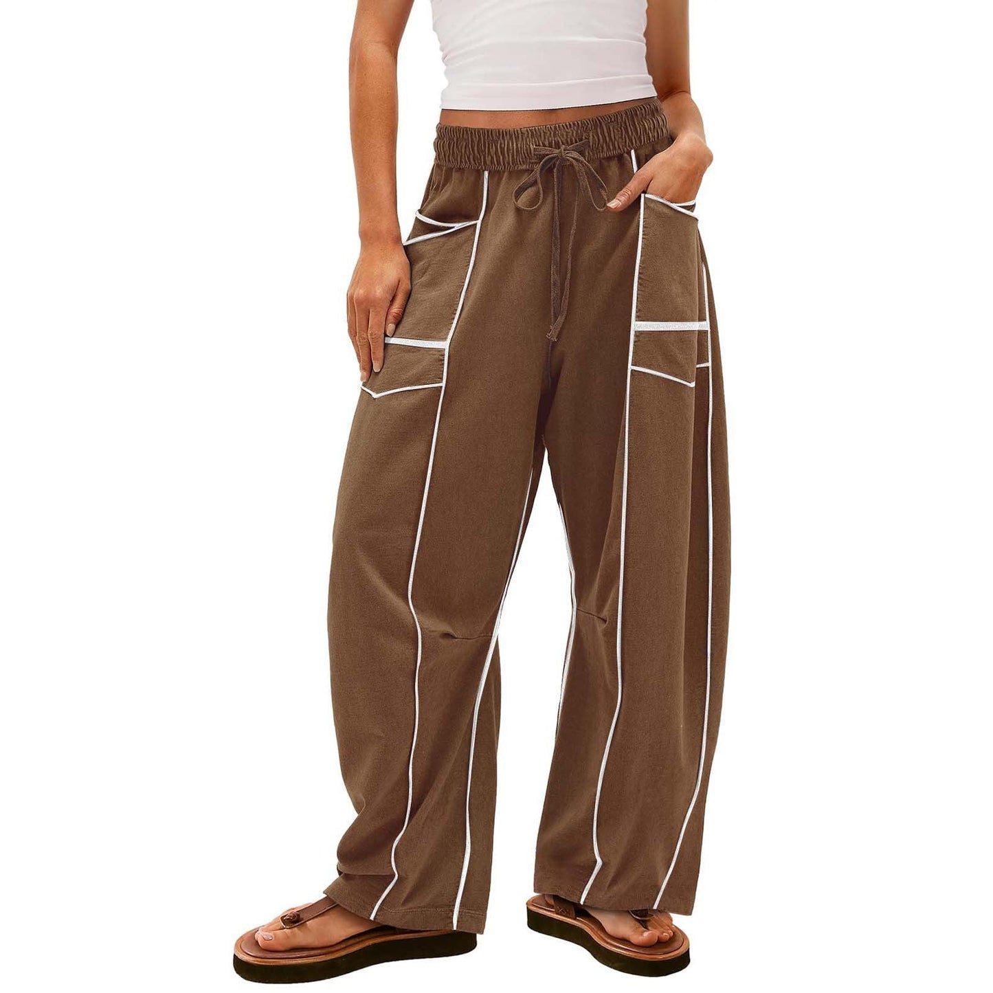Y2K Black Striped Wide-leg Pants With Pockets Fashion Loose Drawstring Trousers Sports Sweatpants Women's Clothing - NOMAN STORE LLC