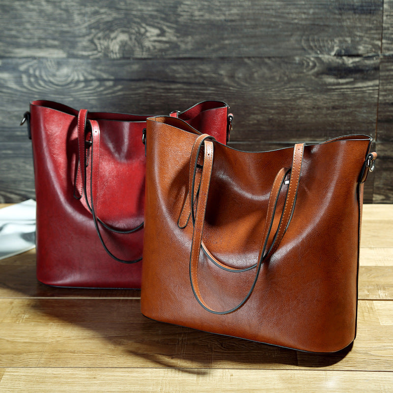 Simple Oil Wax Leather Messenger Shoulder Bags Women's High Capacity Portable Tote Bag - NOMAN STORE LLC