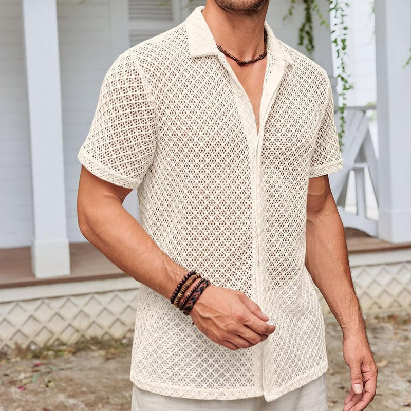 Summer Mesh Short Sleeve Shirt Fashion Solid Color Lapel Shirt Tops Beach Men Clothing - NOMAN STORE LLC